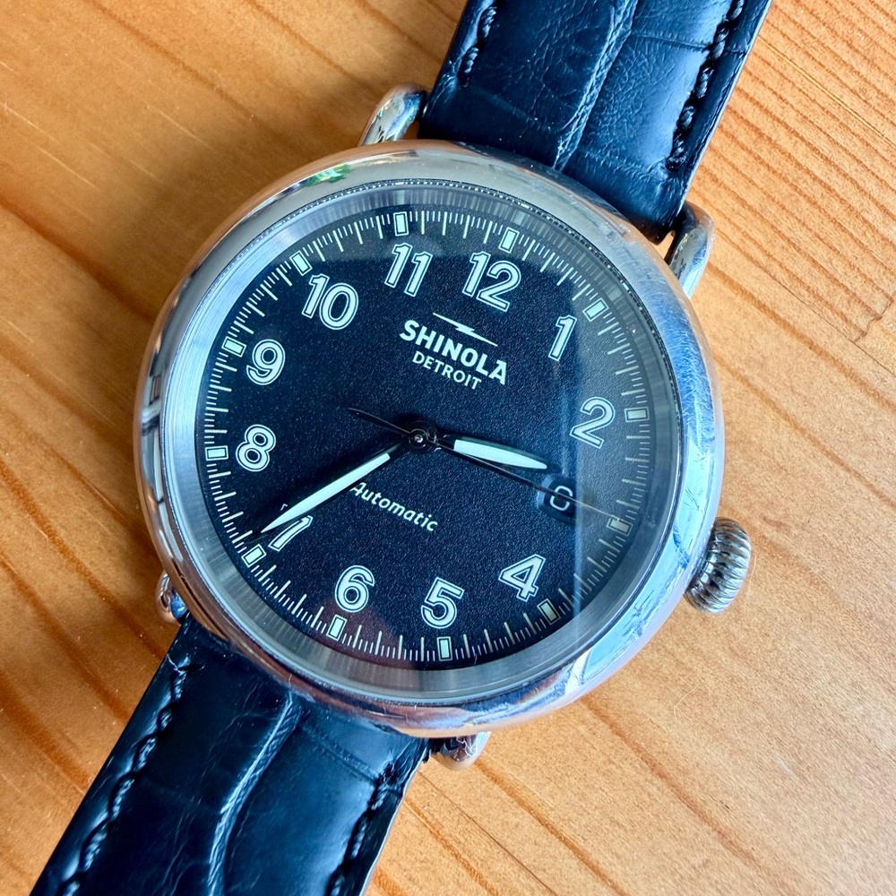 Shinola Runwell Black Automatic Watch with Black Alligator Leather Strap (39.5)